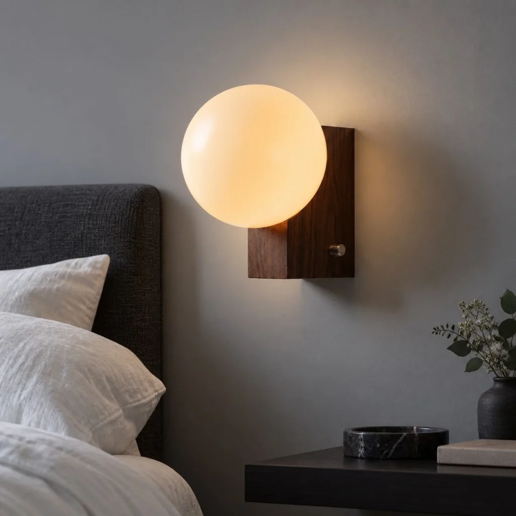 Wandlampe ENZA, rechteckiger Metallhalter mit Opalglaskugel – Abendambiente