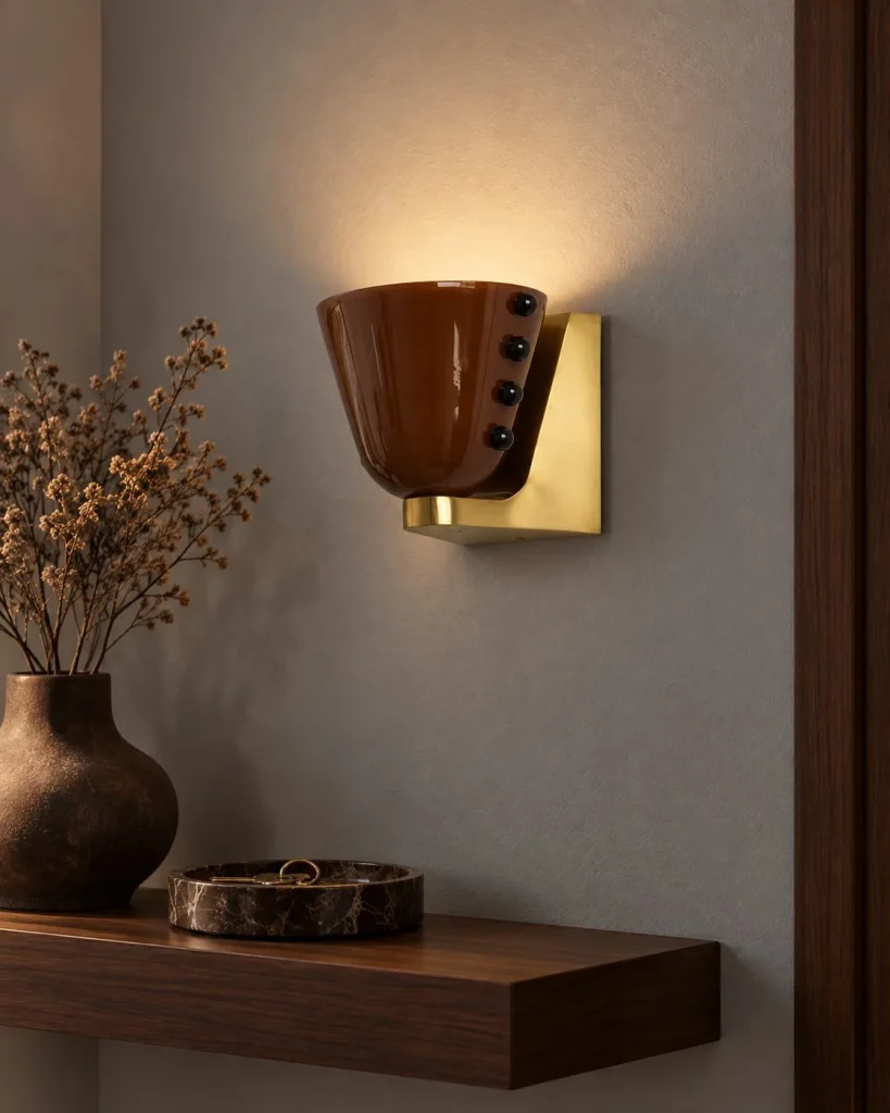 Wandlampe DIEDENA, kompakte Glasleuchte im Retro-Stil – Braun in abendlicher Wohnatmosphäre
