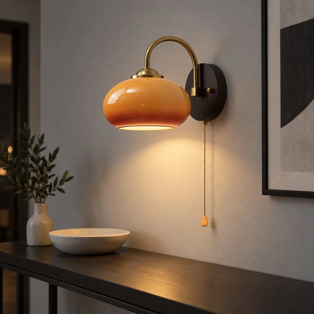 Wandlampe STRATO, Glas in Karamelltönen mit Holzsockel – Abendambiente