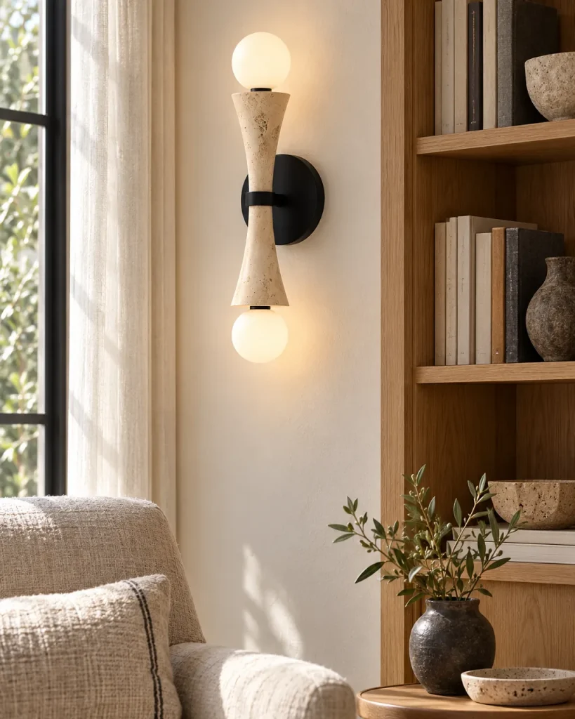 Applique FARO, clessidra in travertino o giada con vetro opale – in soggiorno accanto a libreria e poltrona, luce diurna