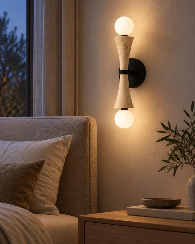 Applique FARO, clessidra in travertino o giada con vetro opale – in camera da letto sopra il comodino, luce serale