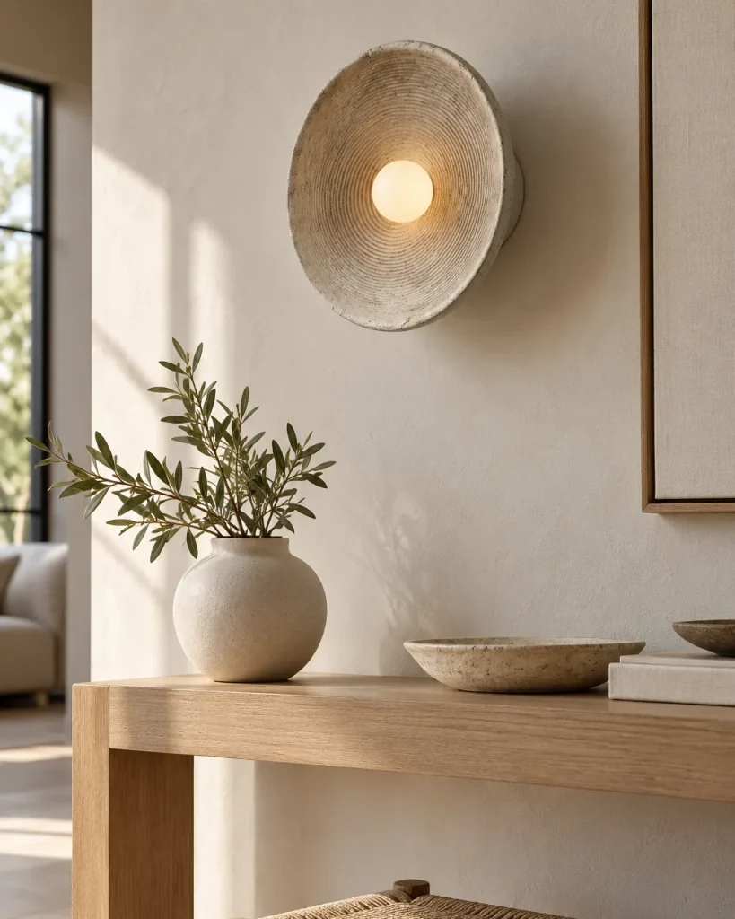 Wandlampe SISKA, gerillte Schale in Steinoptik mit Glaskugel – im Eingangsbereich, Tageslicht