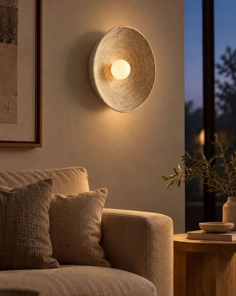 Wandlampe SISKA, gerillte Schale in Steinoptik mit Glaskugel – im Wohnzimmer, Abendlicht
