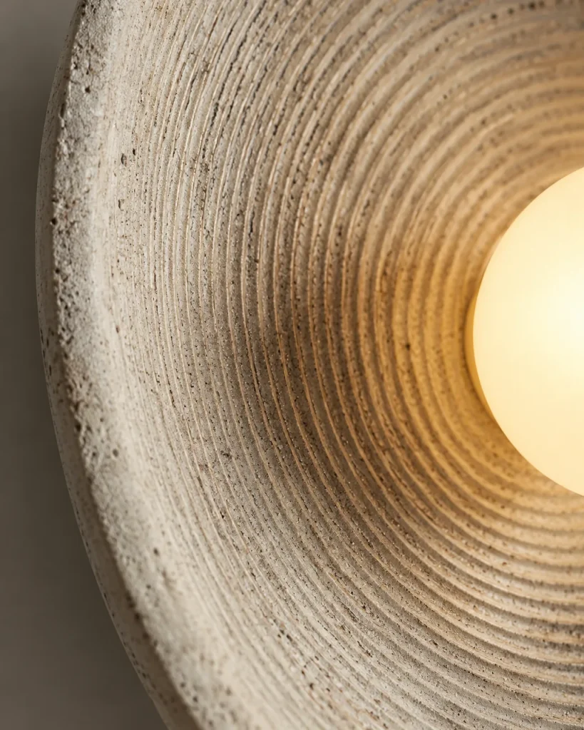 Wandlampe SISKA, gerillte Schale in Steinoptik mit Glaskugel – Detailansicht der konzentrischen Rillen und der Opalglaskugel
