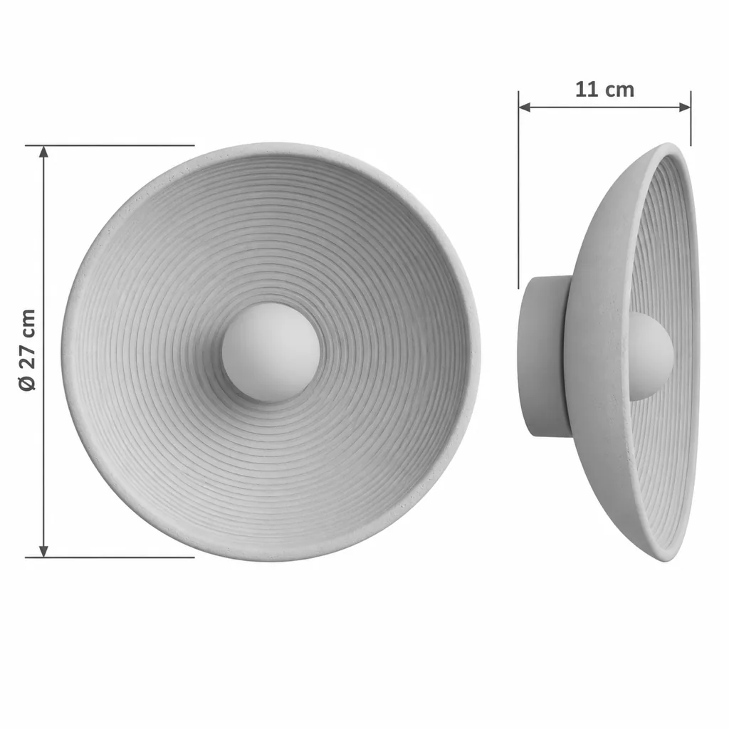 Wandlampe SISKA, gerillte Schale in Steinoptik mit Glaskugel – Masszeichnung Ø 27 cm, Tiefe 11 cm