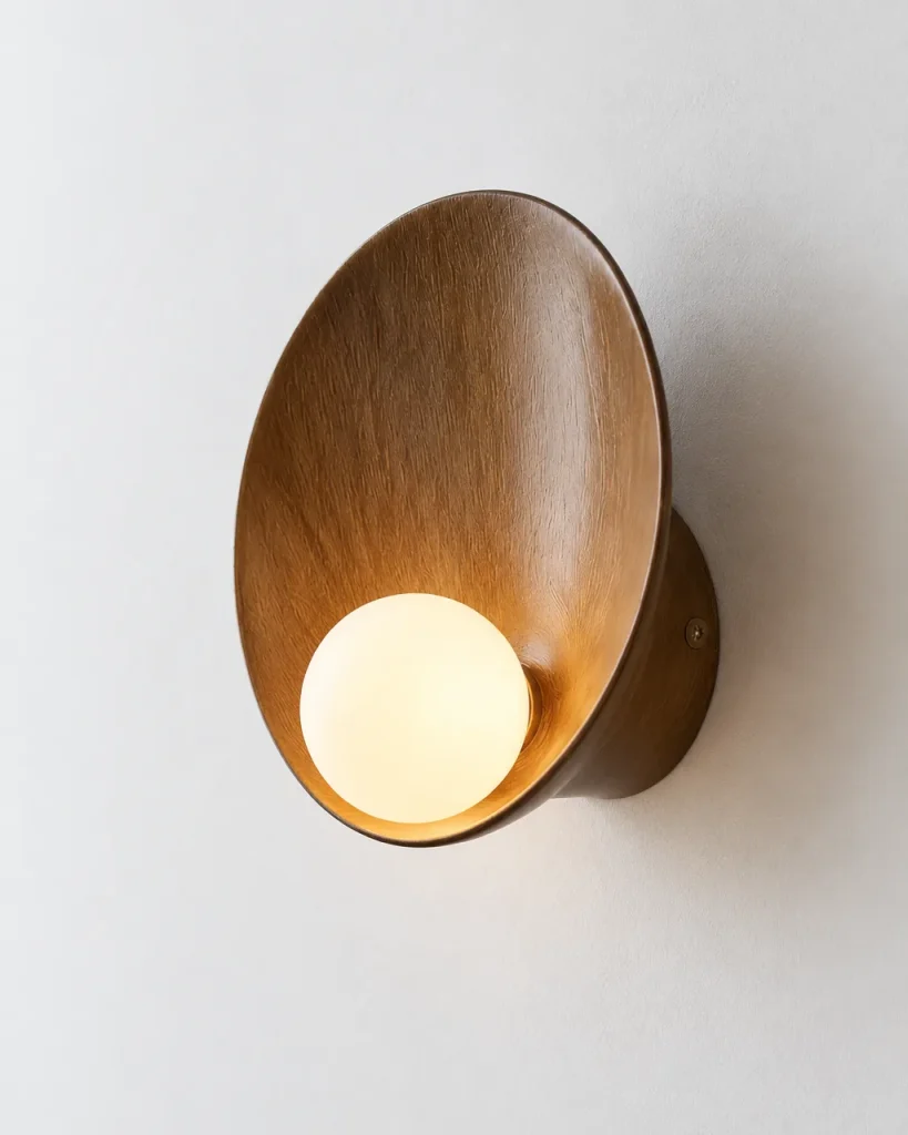 Wandlampe MYRO, Gewölbte Schale mit Opalglaskugel – Braun, Produktfoto