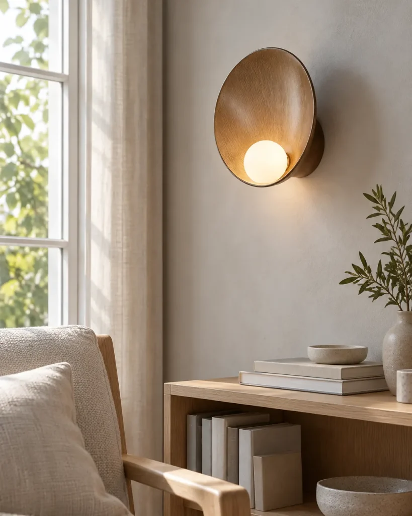 Wandlampe MYRO, Gewölbte Schale mit Opalglaskugel – im Wohnzimmer über einem Eichenregal, Tageslicht