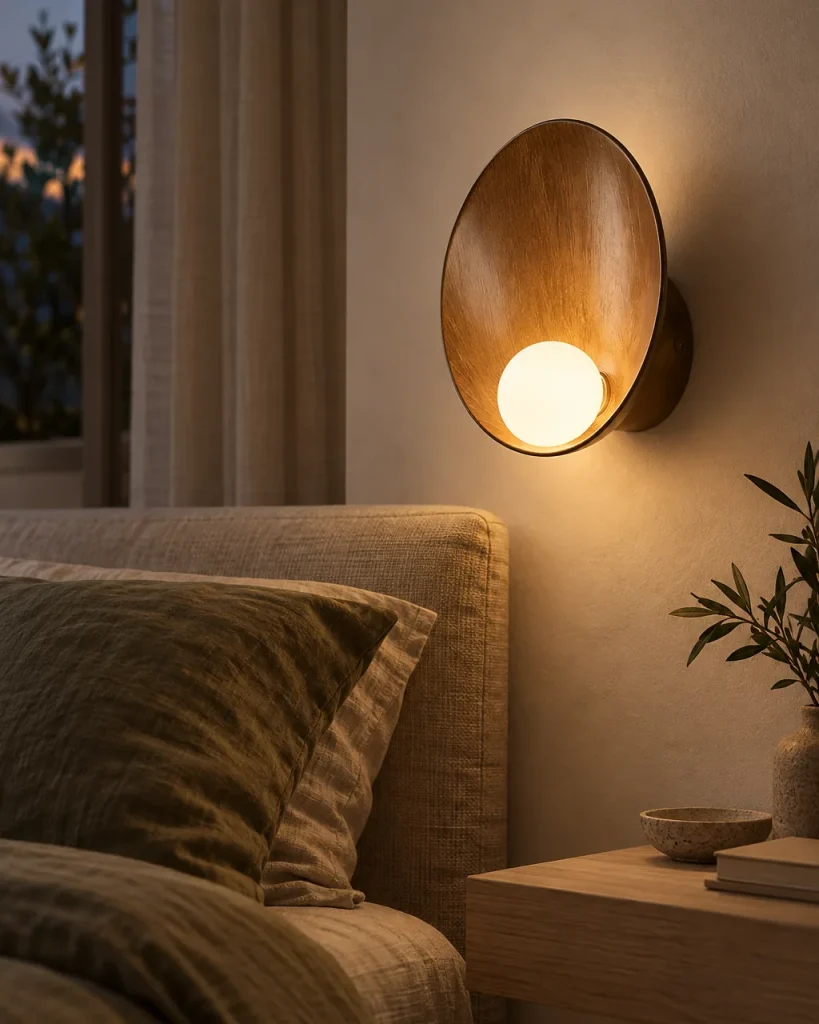 Wandlampe MYRO, Gewölbte Schale mit Opalglaskugel – im Schlafzimmer neben dem Bett, Abendlicht