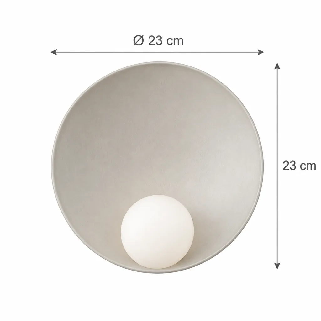 Wandlampe MYRO, Gewölbte Schale mit Opalglaskugel – Masszeichnung Ø 23 cm, Höhe 23 cm