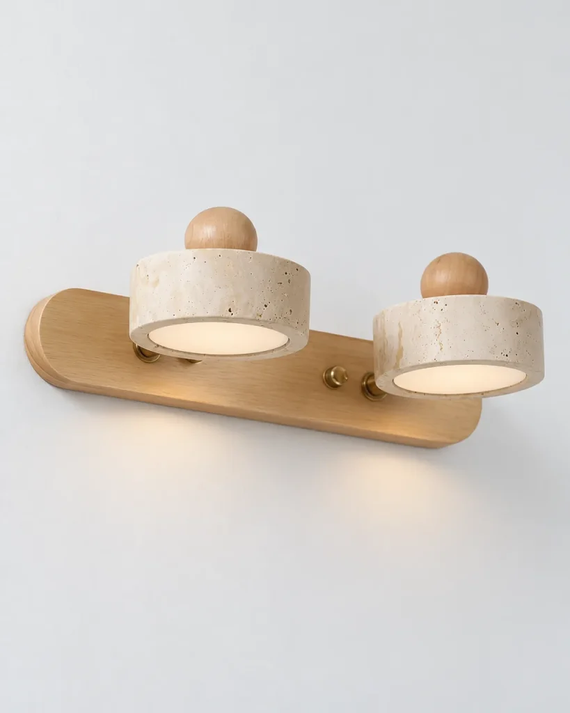 Applique MIKA, luce per specchio in travertino e legno massello – legno chiaro, doppia, foto prodotto