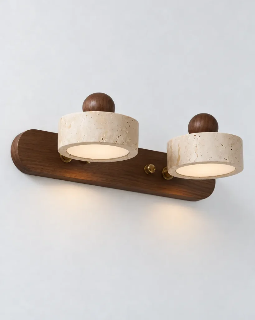 Applique MIKA, luce per specchio in travertino e legno massello – legno scuro, doppia, foto prodotto