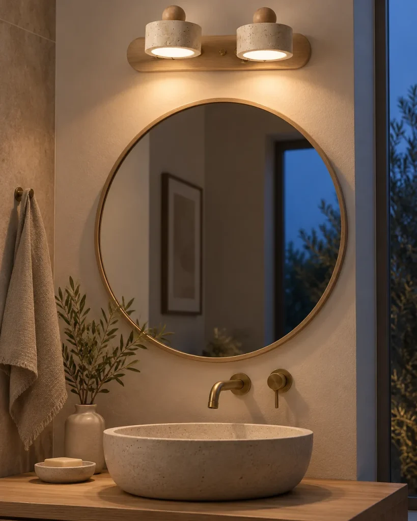 Applique MIKA, luce per specchio in travertino e legno massello – sopra uno specchio rotondo, luce serale