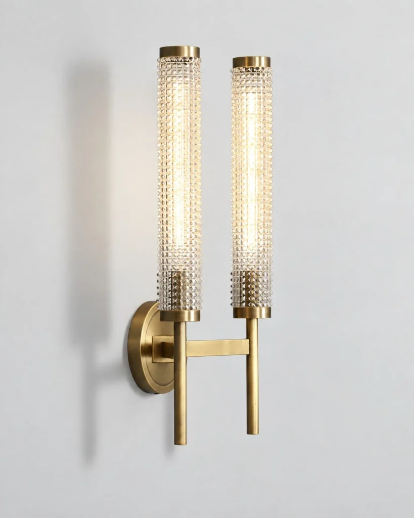 Wandlampe GLAKO, strukturierter Glaszylinder mit Metallhalter – Doppelt, Produktfoto