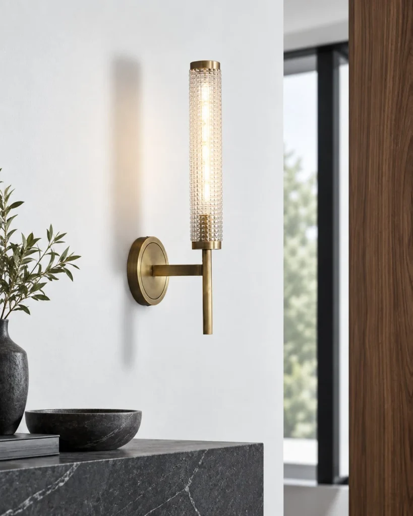 Wandlampe GLAKO, strukturierter Glaszylinder mit Metallhalter – Einfach im Wohnraum