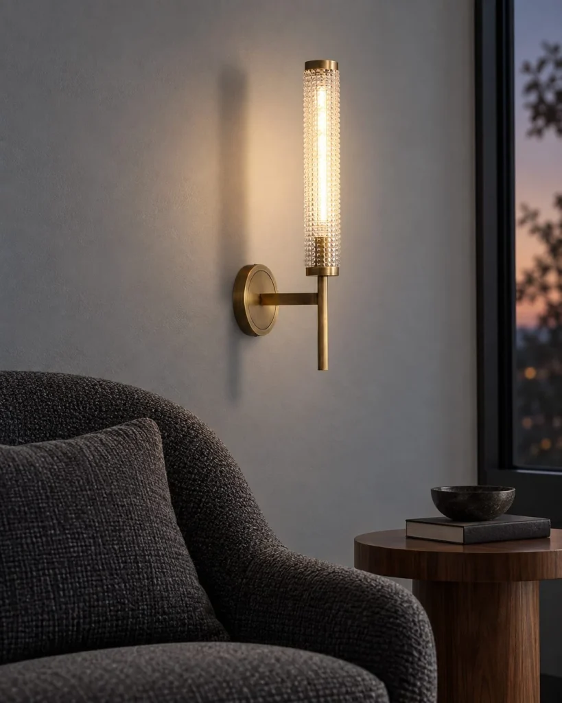 Wandlampe GLAKO, strukturierter Glaszylinder mit Metallhalter – Einfach in abendlicher Wohnatmosphäre