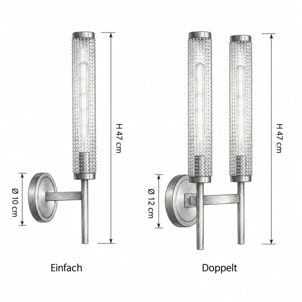 Wandlampe GLAKO, strukturierter Glaszylinder mit Metallhalter – Masszeichnung mit den verfügbaren Abmessungen