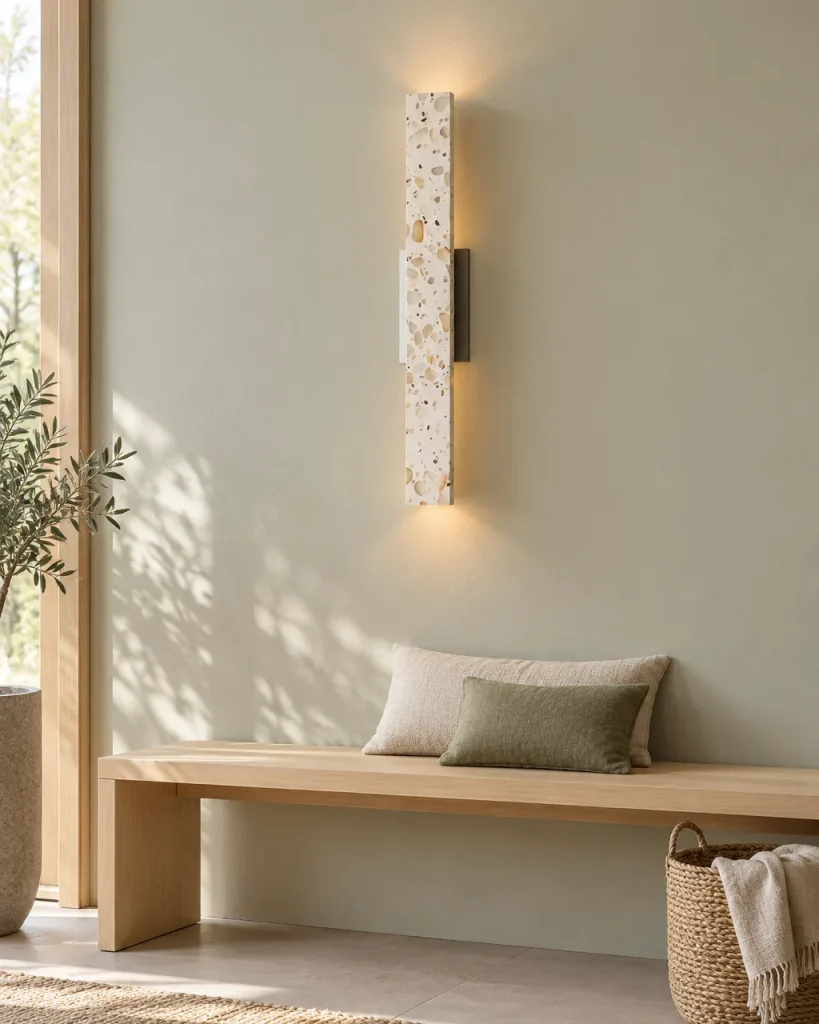 Applique DALA, colonna sottile in terrazzo, 60 cm, up & down – all'ingresso sopra una panca in legno, luce diurna