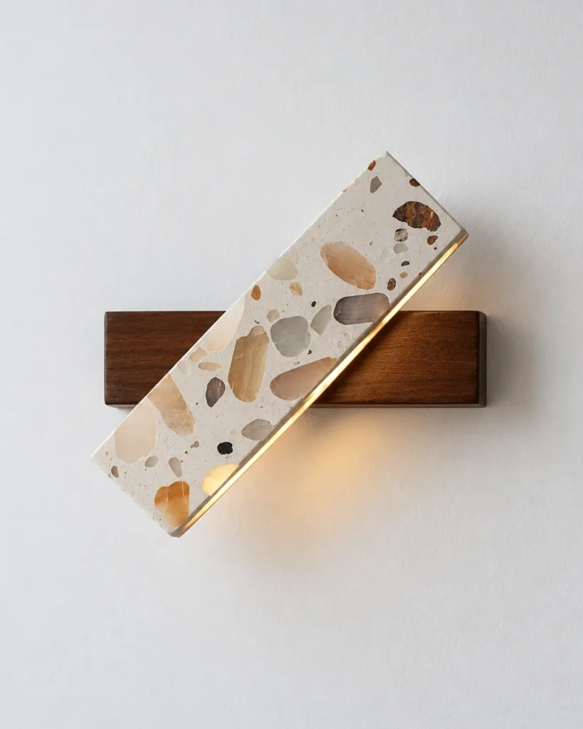Wandlampe ELKA, diagonale Terrazzo-Leiste auf Holzsockel, LED – Dunkles Holz, Produktfoto