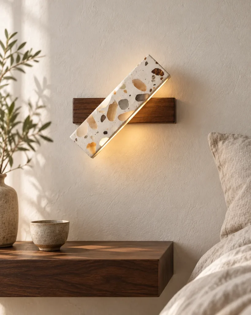 Wandlampe ELKA, diagonale Terrazzo-Leiste auf Holzsockel, LED – im Schlafzimmer über dem Nachttisch, Tageslicht