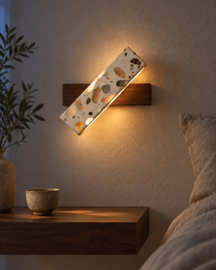 Wandlampe ELKA, diagonale Terrazzo-Leiste auf Holzsockel, LED – im Schlafzimmer über dem Nachttisch, Abendlicht