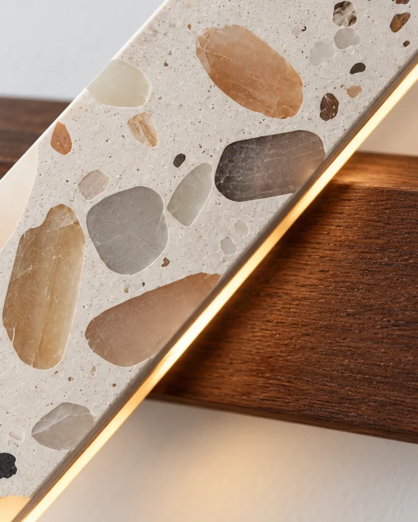 Wandlampe ELKA, diagonale Terrazzo-Leiste auf Holzsockel, LED – Detailansicht der Terrazzo-Einschlüsse und des Nussbaumsockels