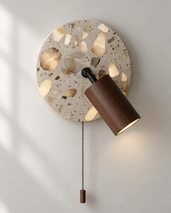 Applique BADO, disco in terrazzo con spot in legno – legno scuro, foto prodotto