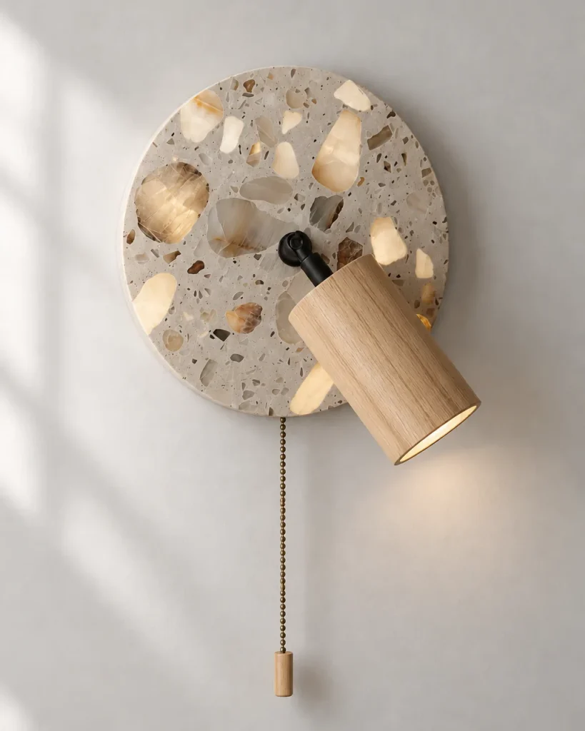 Wandlampe BADO, Terrazzo-Scheibe mit Holzspot – Helles Holz, Produktfoto