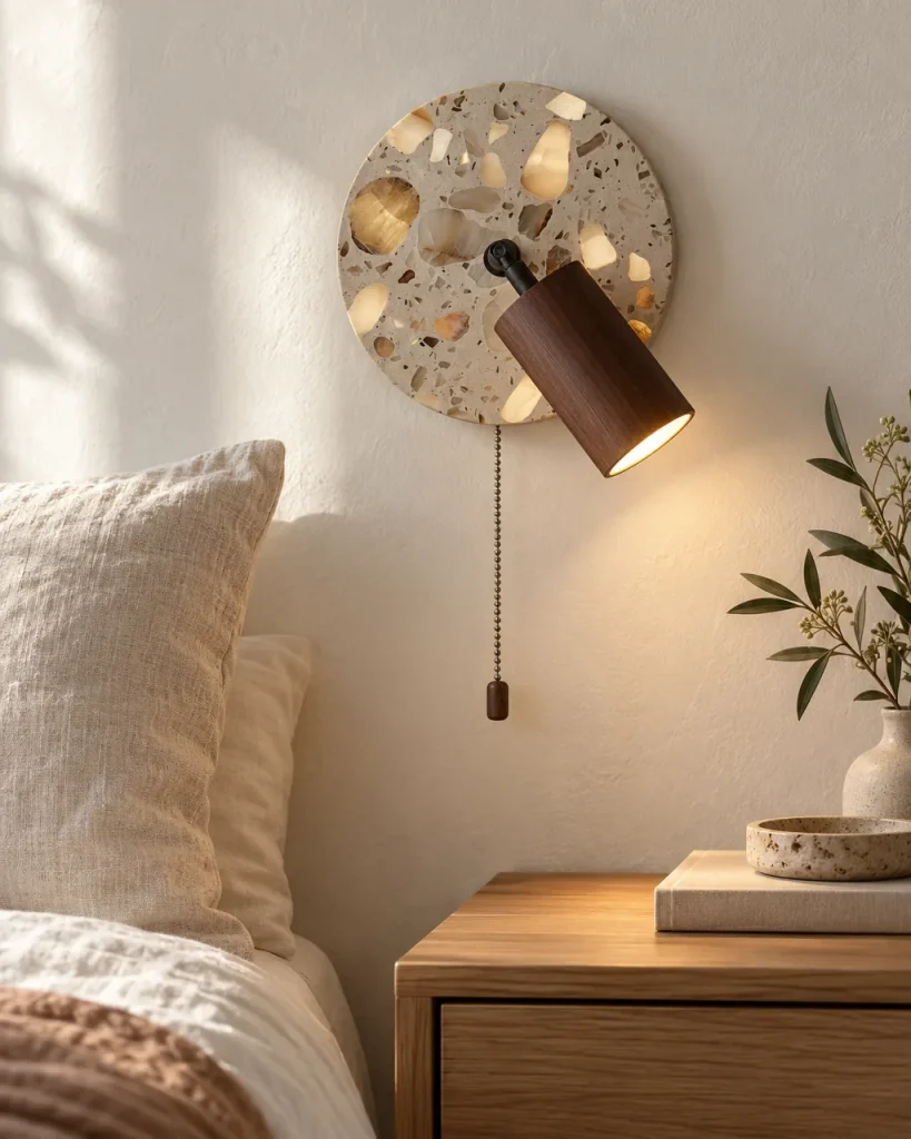 Wandlampe BADO, Terrazzo-Scheibe mit Holzspot – im Schlafzimmer über einem Nachttisch, Tageslicht