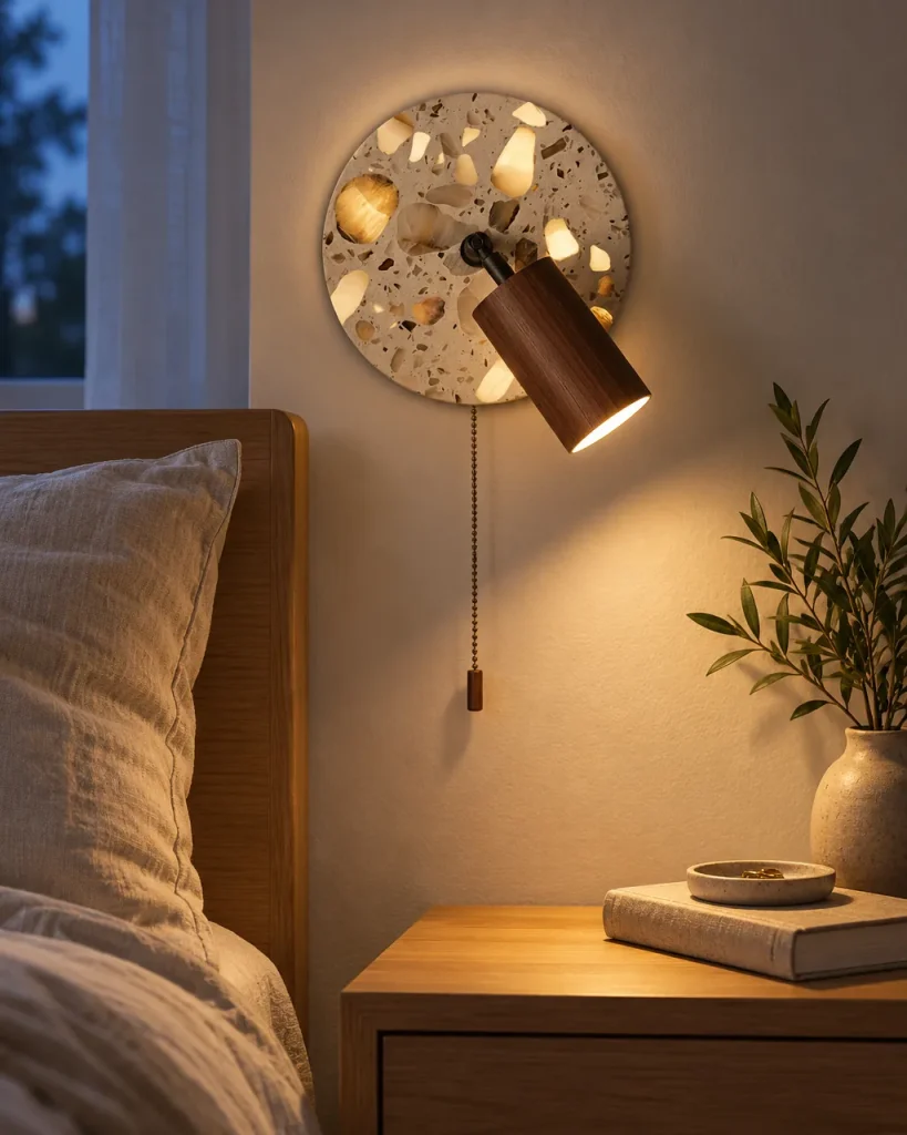 Wandlampe BADO, Terrazzo-Scheibe mit Holzspot – neben dem Bett über einem Nachttisch, Abendlicht
