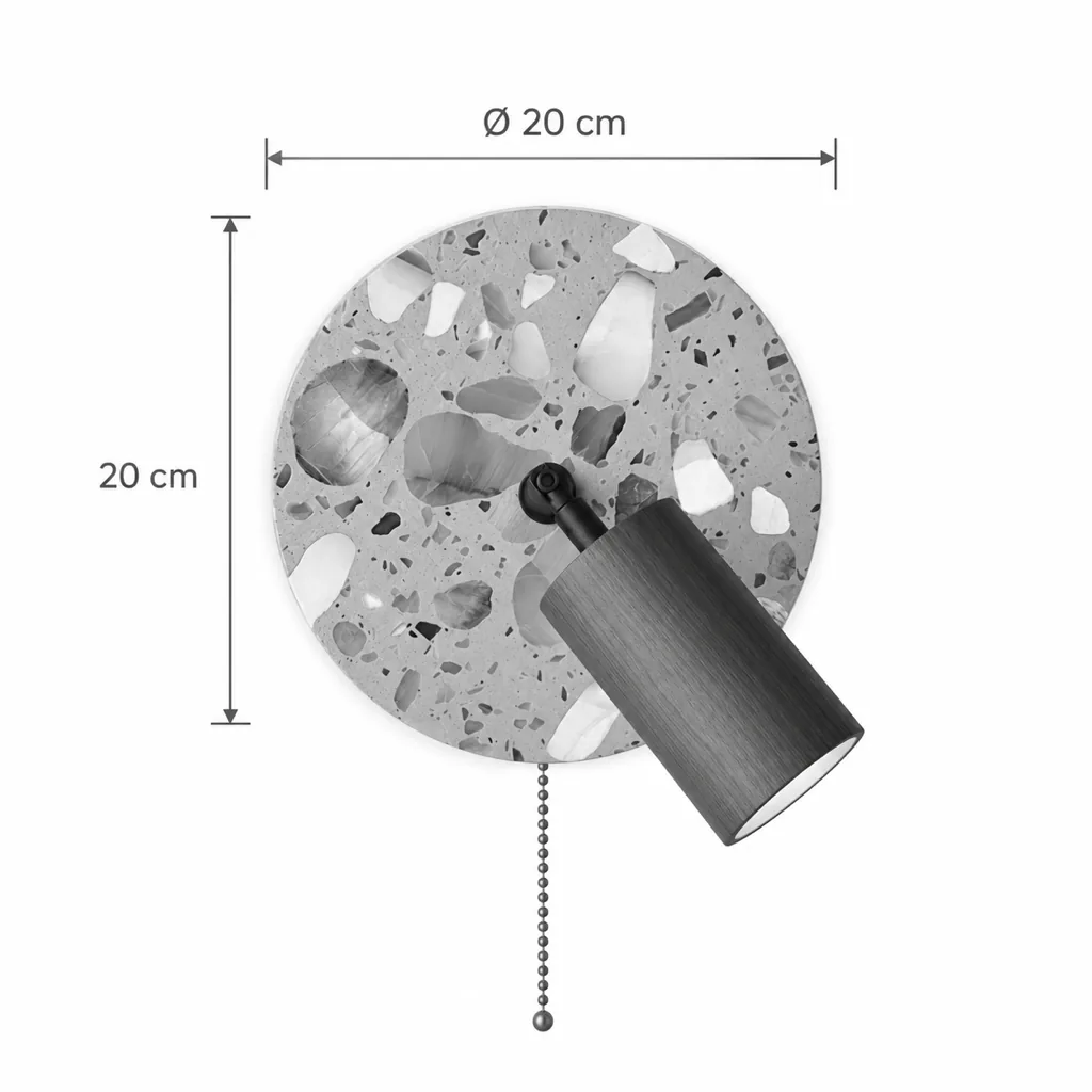 Wandlampe BADO, Terrazzo-Scheibe mit Holzspot – Masszeichnung Ø 20 cm