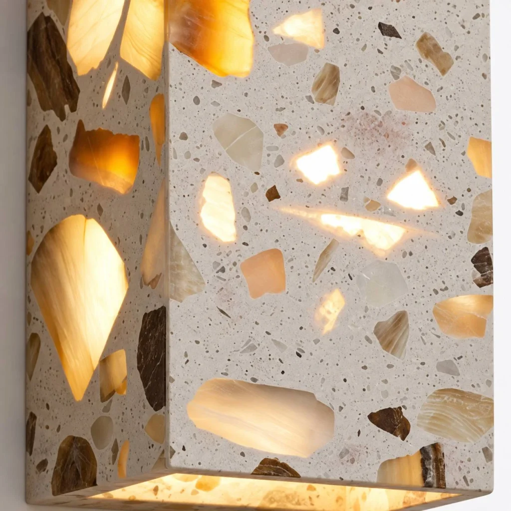Wandlampe NURO, Terrazzoblock in zwei geometrischen Formaten – Materialdetail
