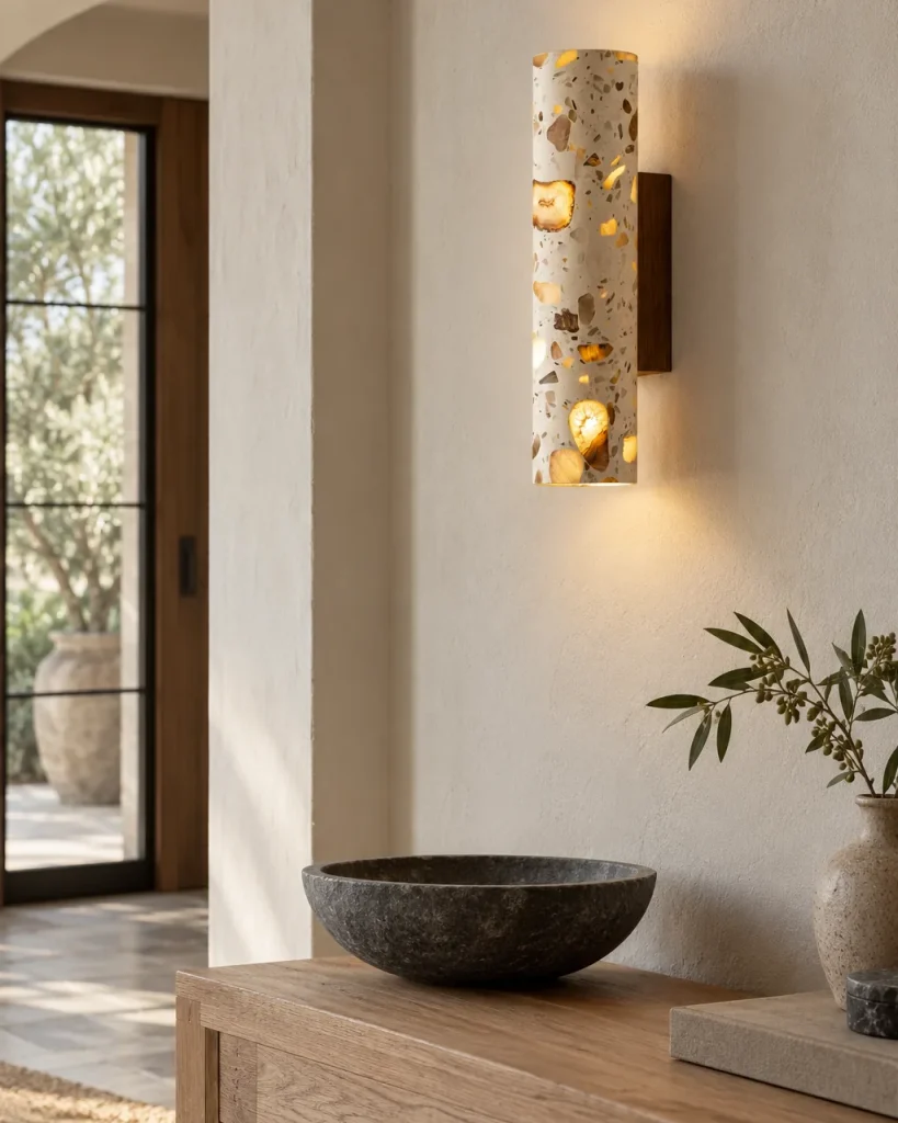 Applique TISA, terrazzo con luce verso l'alto e verso il basso – all'ingresso sopra una consolle in legno, luce diurna