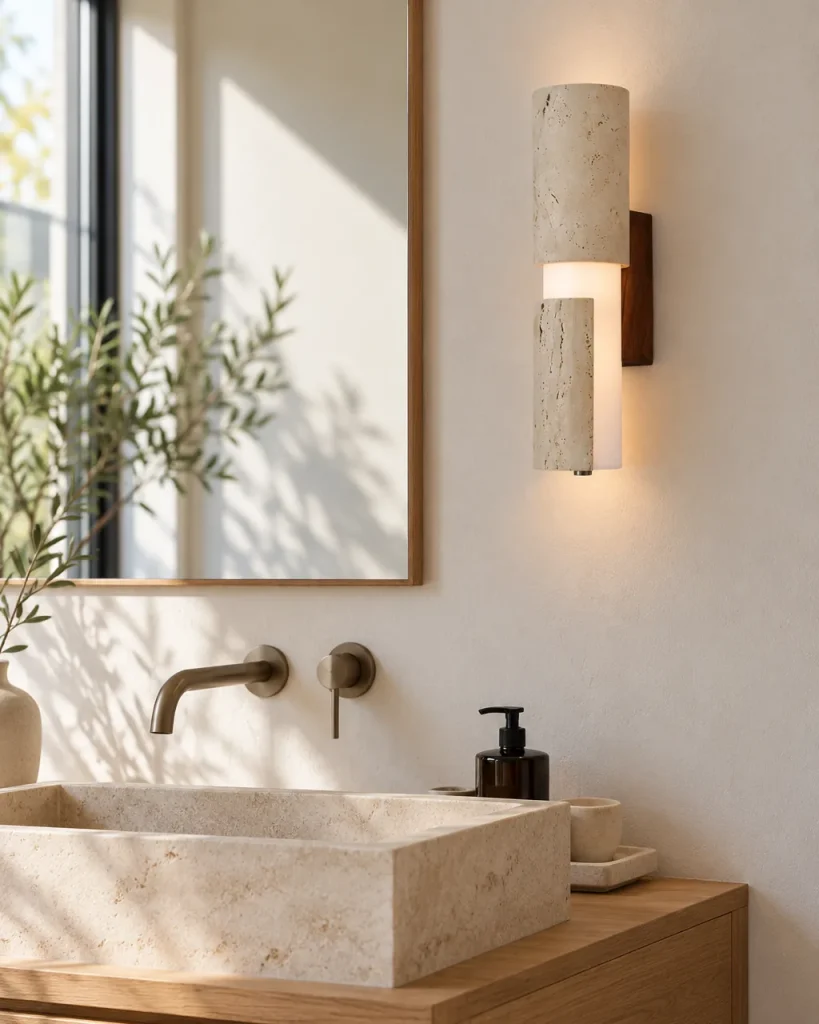 Wandlampe VIRA, Travertin-Wandleuchte mit LED-Lichtsäule – neben einem Holzspiegel an einer hellen Wand, Tageslicht