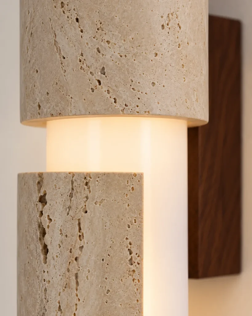 Wandlampe VIRA, Travertin-Wandleuchte mit LED-Lichtsäule – Detailansicht der Travertinschalen und des Acryl-Diffusors