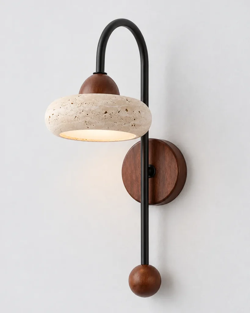 Applique VILDE, travertino con braccio ad arco e noce – travertino, foto prodotto