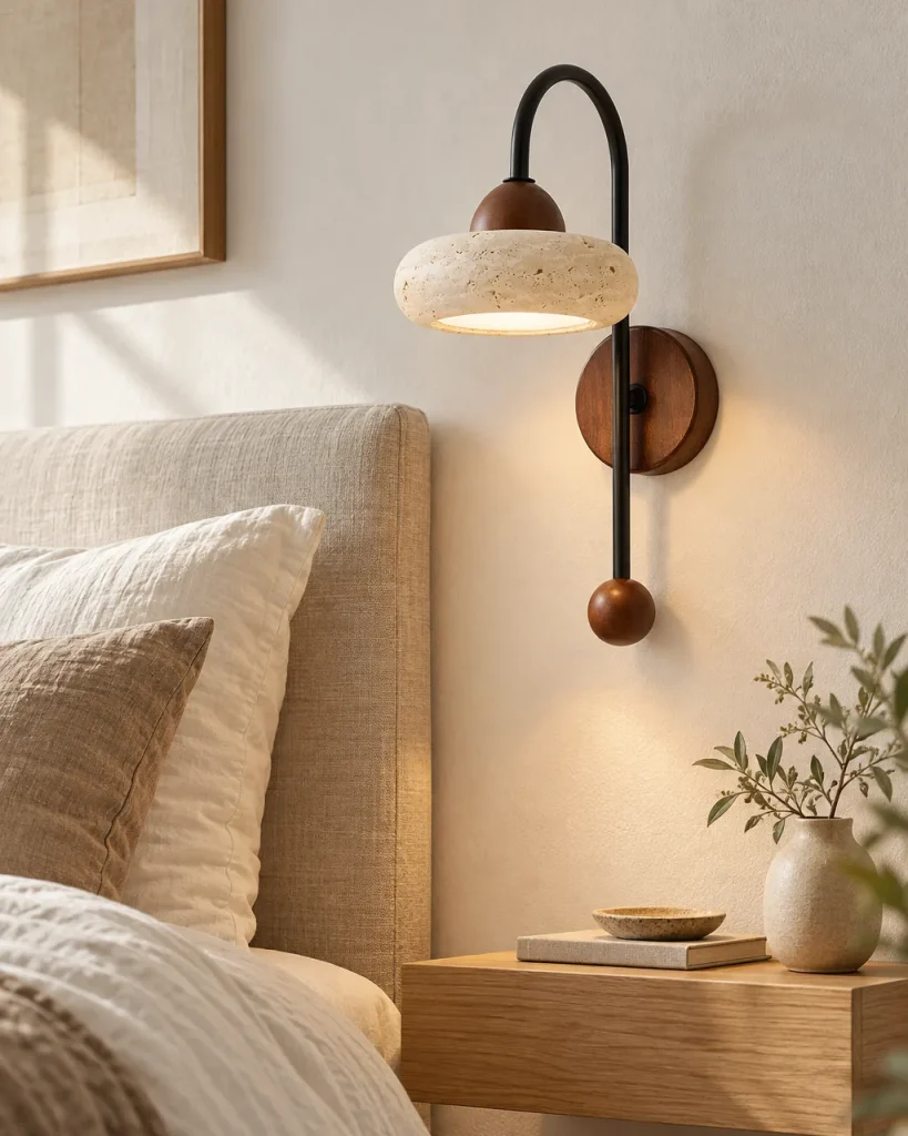 Applique VILDE, travertino con braccio ad arco e noce – in camera da letto accanto al letto, luce diurna