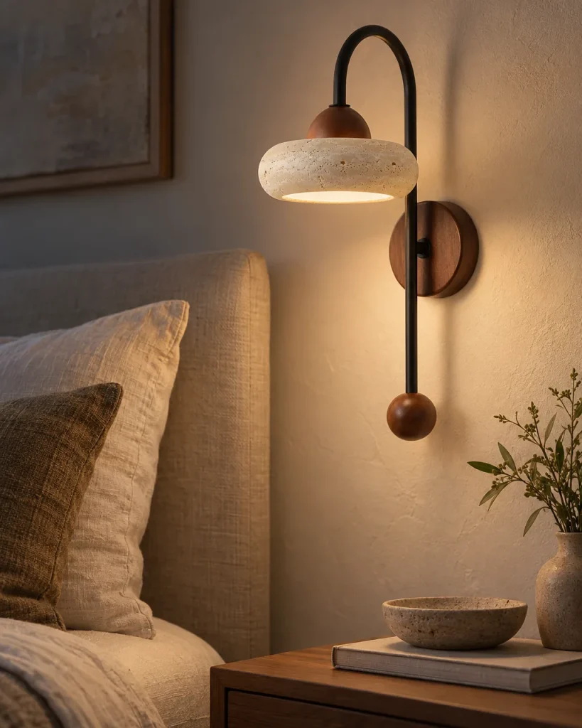 Applique VILDE, travertino con braccio ad arco e noce – in camera da letto sopra il comodino, luce serale