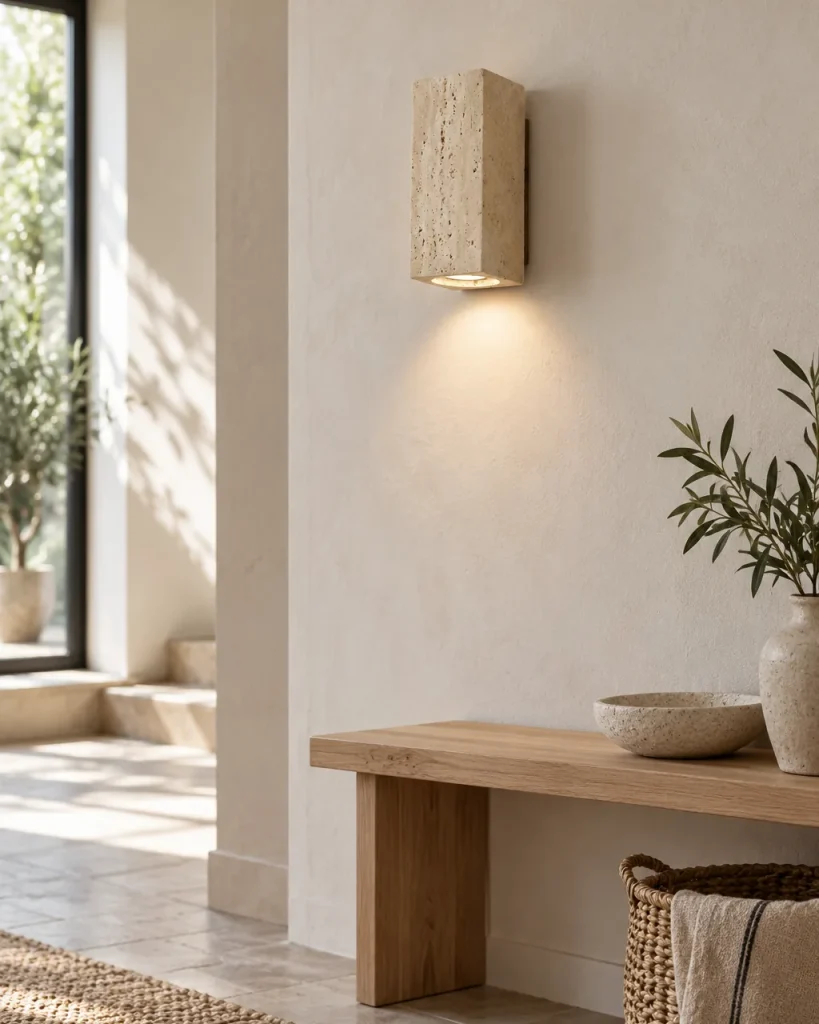Applique KAGE, travertino con luce verso il basso – all'ingresso sopra una panca in legno, luce diurna