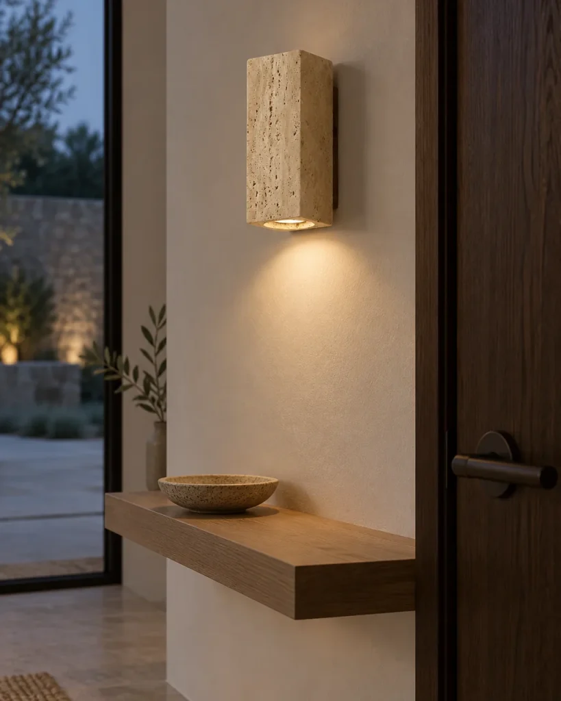 Applique KAGE, travertino con luce verso il basso – all'ingresso sopra una consolle in legno, luce serale