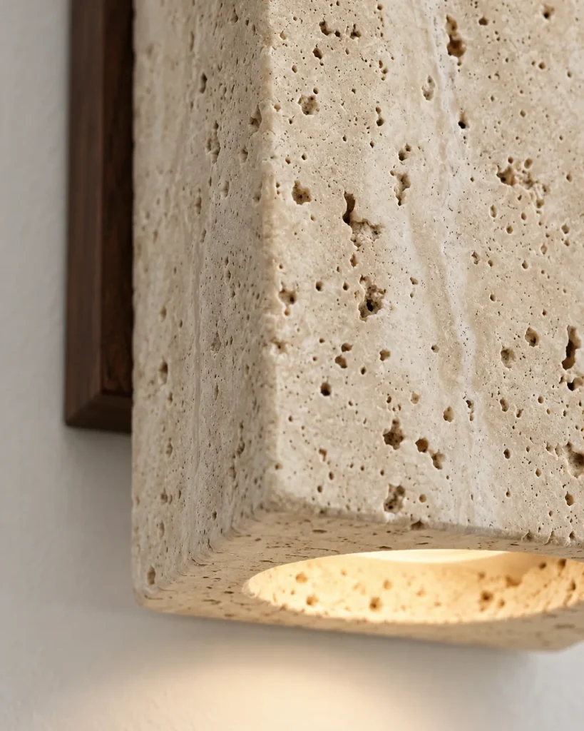Applique KAGE, travertino con luce verso il basso – dettaglio dei pori del travertino e dell'apertura luminosa