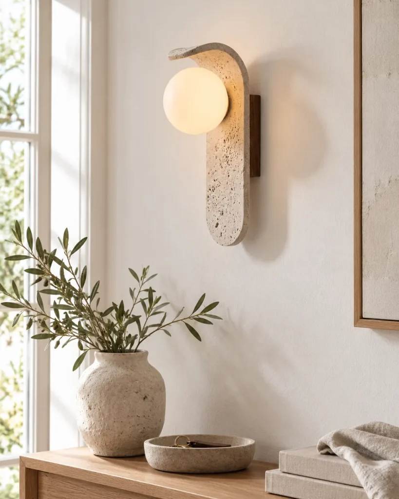 Wandlampe FELA, Gebogene Travertinzunge mit Opalglaskugel – im Eingangsbereich über einer Holzkonsole, Tageslicht