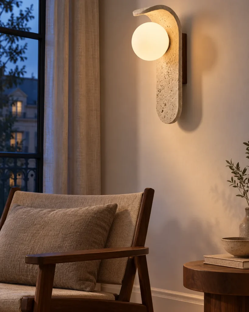 Wandlampe FELA, Gebogene Travertinzunge mit Opalglaskugel – im Wohnzimmer neben einem Lesesessel, Abendlicht