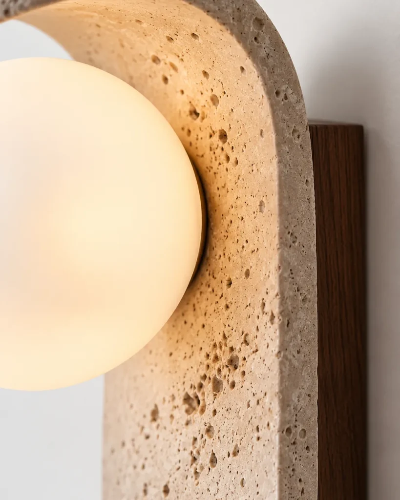 Wandlampe FELA, Gebogene Travertinzunge mit Opalglaskugel – Detailansicht der Travertinporen und der Opalglaskugel