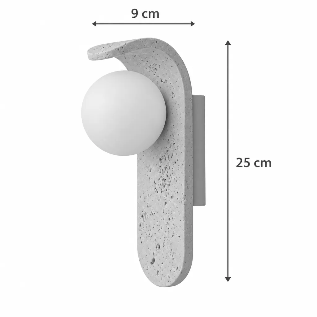 Wandlampe FELA, Gebogene Travertinzunge mit Opalglaskugel – Masszeichnung Höhe 25 cm, Breite 9 cm