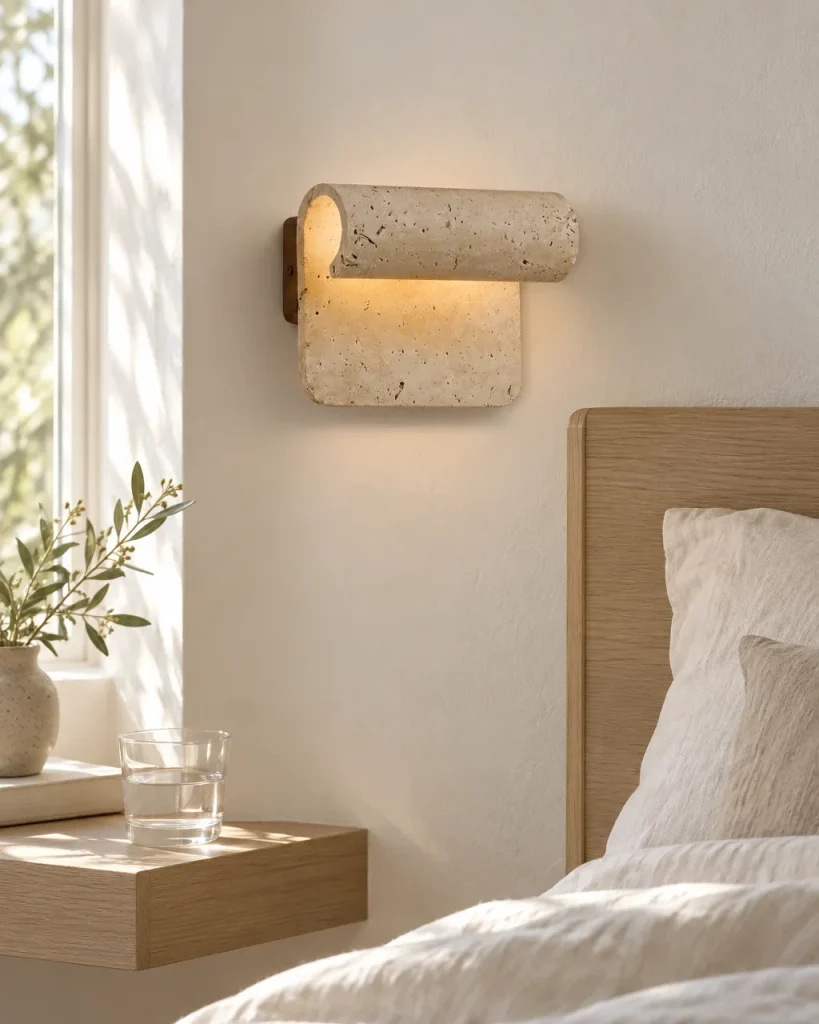 Applique MARIA, travertino arrotolato su noce – in camera da letto accanto al letto, luce diurna