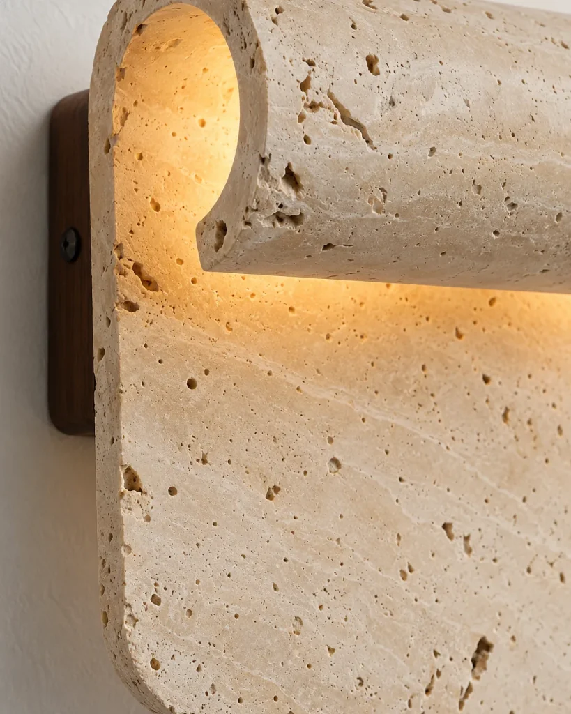 Applique MARIA, travertino arrotolato su noce – dettaglio del bordo arrotolato in travertino e del supporto in noce