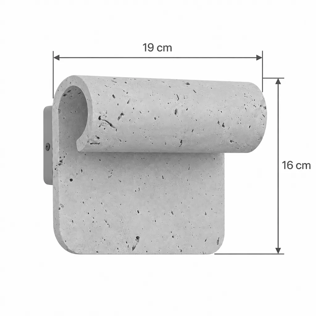 Applique MARIA, travertino arrotolato su noce – disegno tecnico con misure larghezza 19 cm, altezza 16 cm