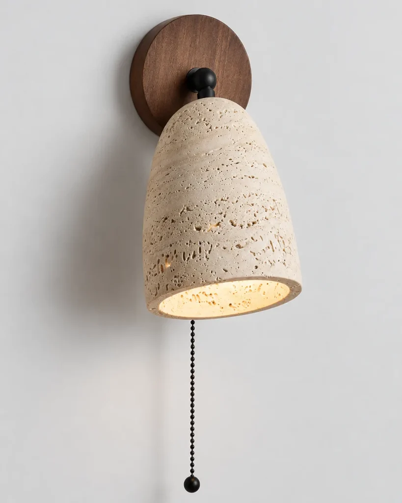 Wandlampe BOVA, Travertin-Glocke auf Nussbaumrosette – Travertin mit Nussbaumrosette, Produktfoto