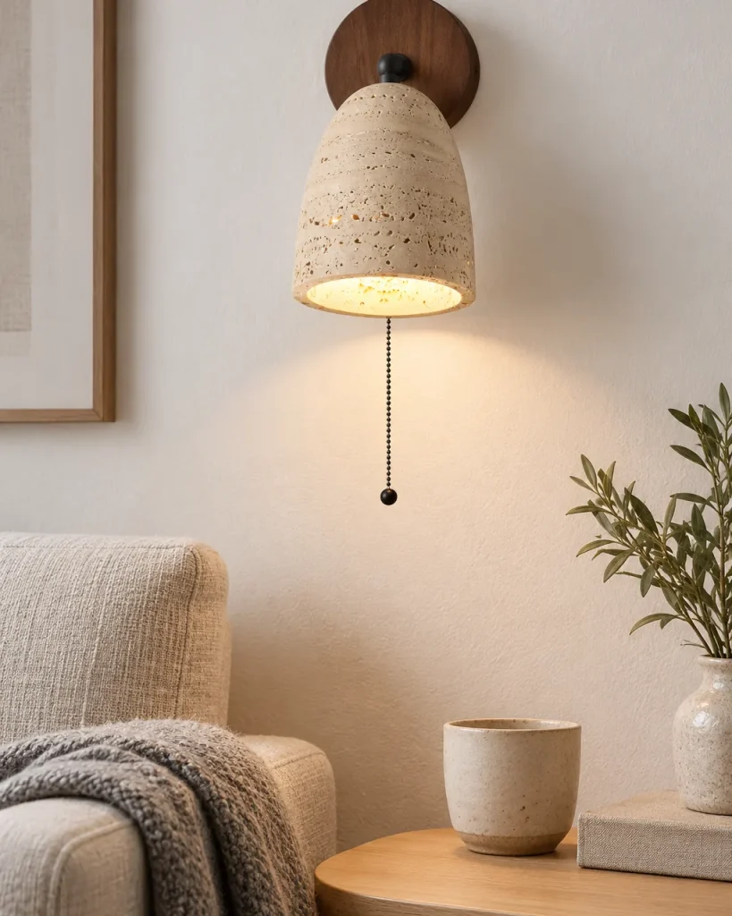Wandlampe BOVA, Travertin-Glocke auf Nussbaumrosette – neben einem Sessel im Wohnzimmer, Tageslicht