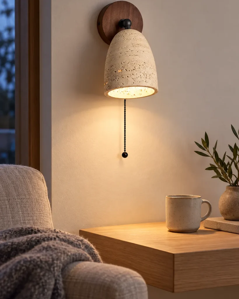 Wandlampe BOVA, Travertin-Glocke auf Nussbaumrosette – neben einem Sessel im Wohnzimmer, Abendstimmung